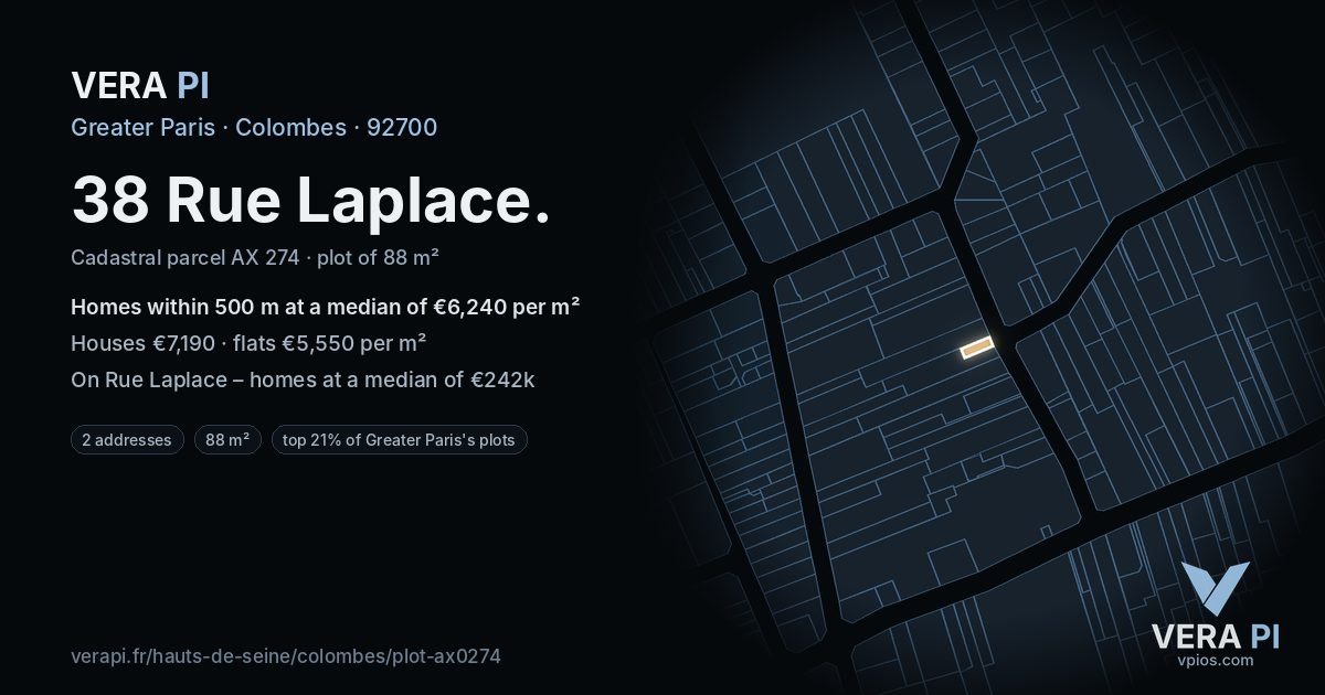 38 Rue Laplace, Colombes at night – the plot lit, the parcels around coloured by the prices near them