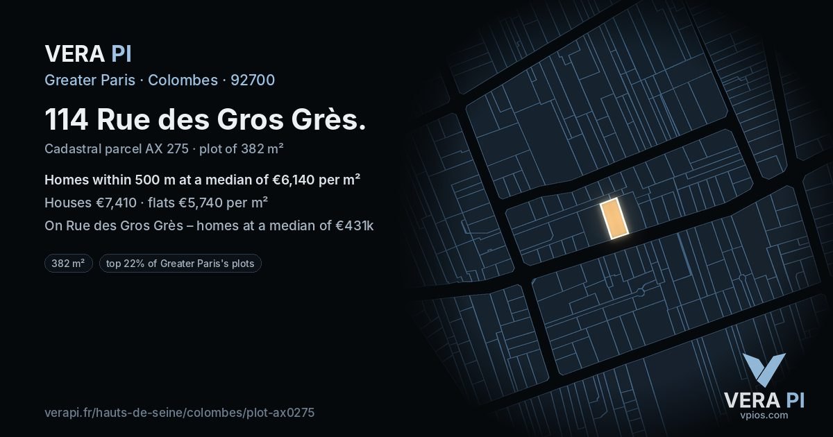 114 Rue des Gros Grès, Colombes at night – the plot lit, the parcels around coloured by the prices near them