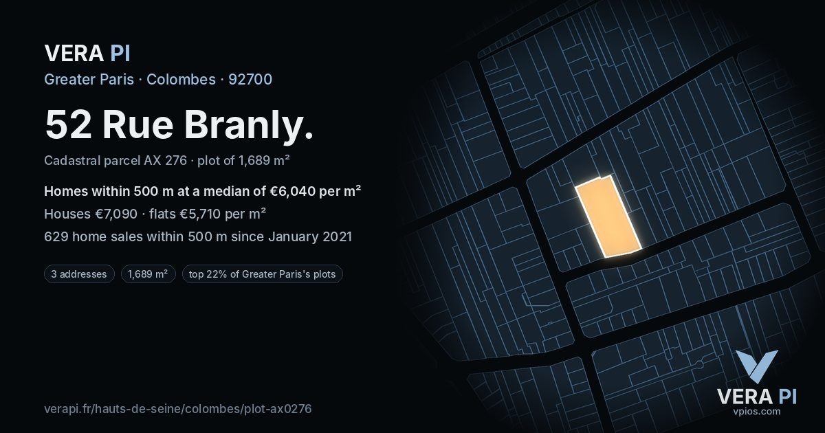 52 Rue Branly, Colombes at night – the plot lit, the parcels around coloured by the prices near them