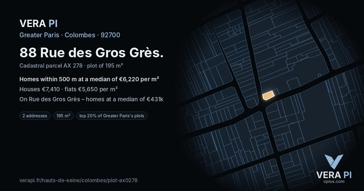 88 Rue des Gros Grès, Colombes at night – the plot lit, the parcels around coloured by the prices near them
