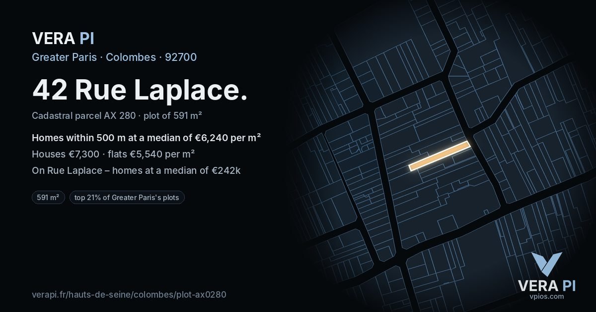 42 Rue Laplace, Colombes at night – the plot lit, the parcels around coloured by the prices near them