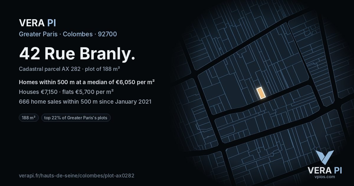 42 Rue Branly, Colombes at night – the plot lit, the parcels around coloured by the prices near them