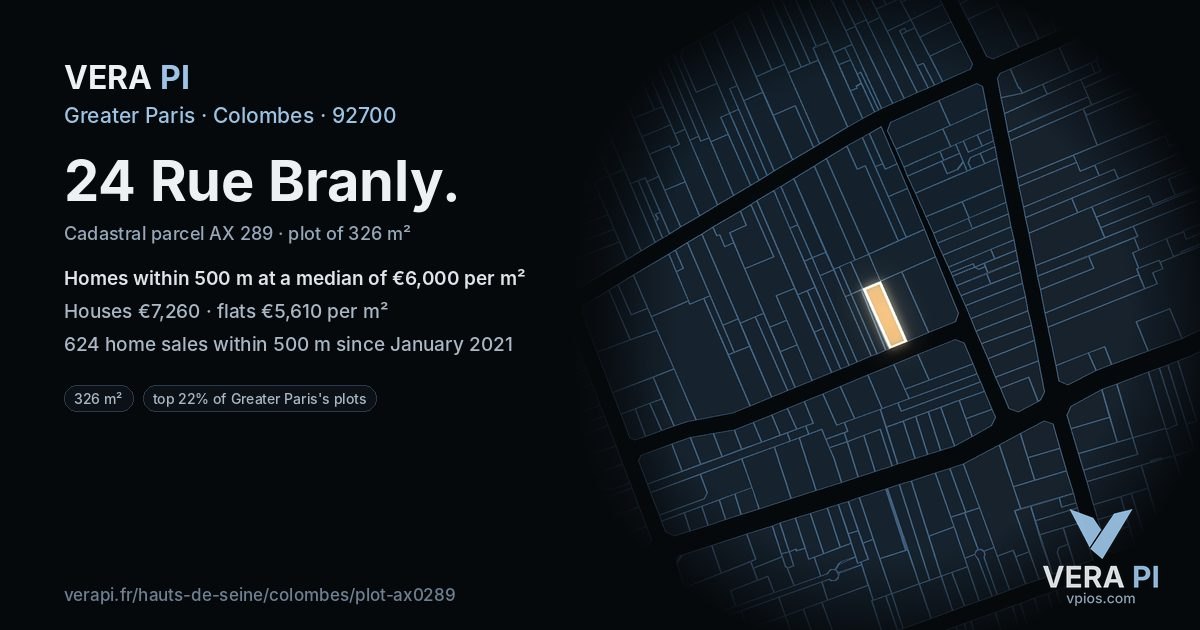24 Rue Branly, Colombes at night – the plot lit, the parcels around coloured by the prices near them