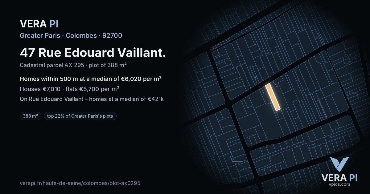 47 Rue Edouard Vaillant, Colombes at night – the plot lit, the parcels around coloured by the prices near them