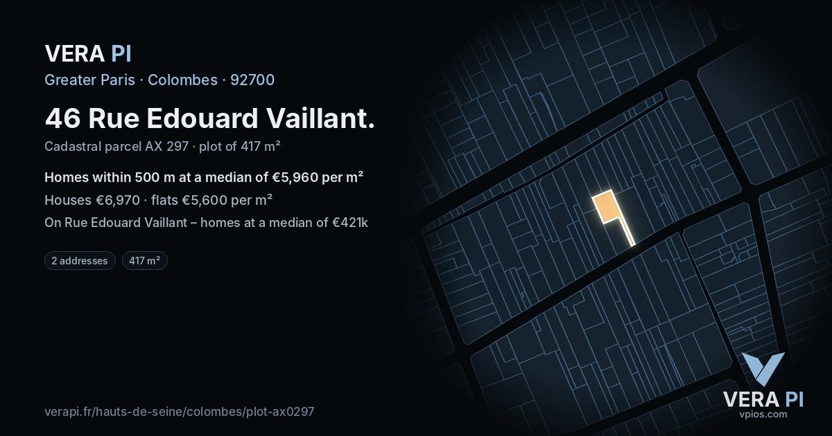 46 Rue Edouard Vaillant, Colombes at night – the plot lit, the parcels around coloured by the prices near them