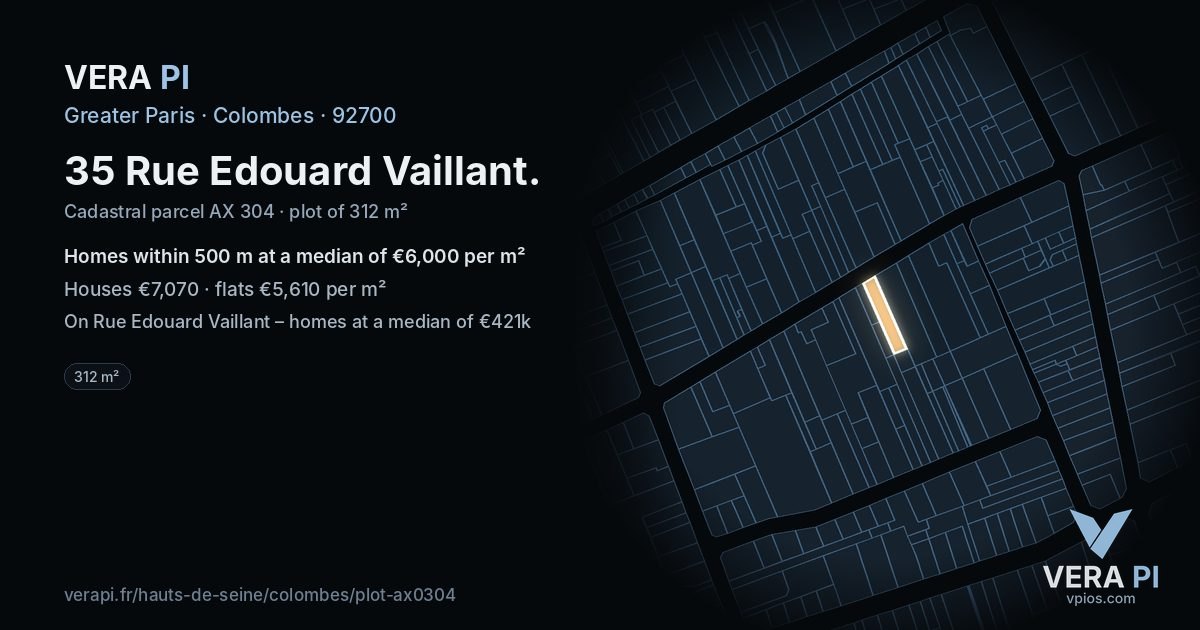 35 Rue Edouard Vaillant, Colombes at night – the plot lit, the parcels around coloured by the prices near them