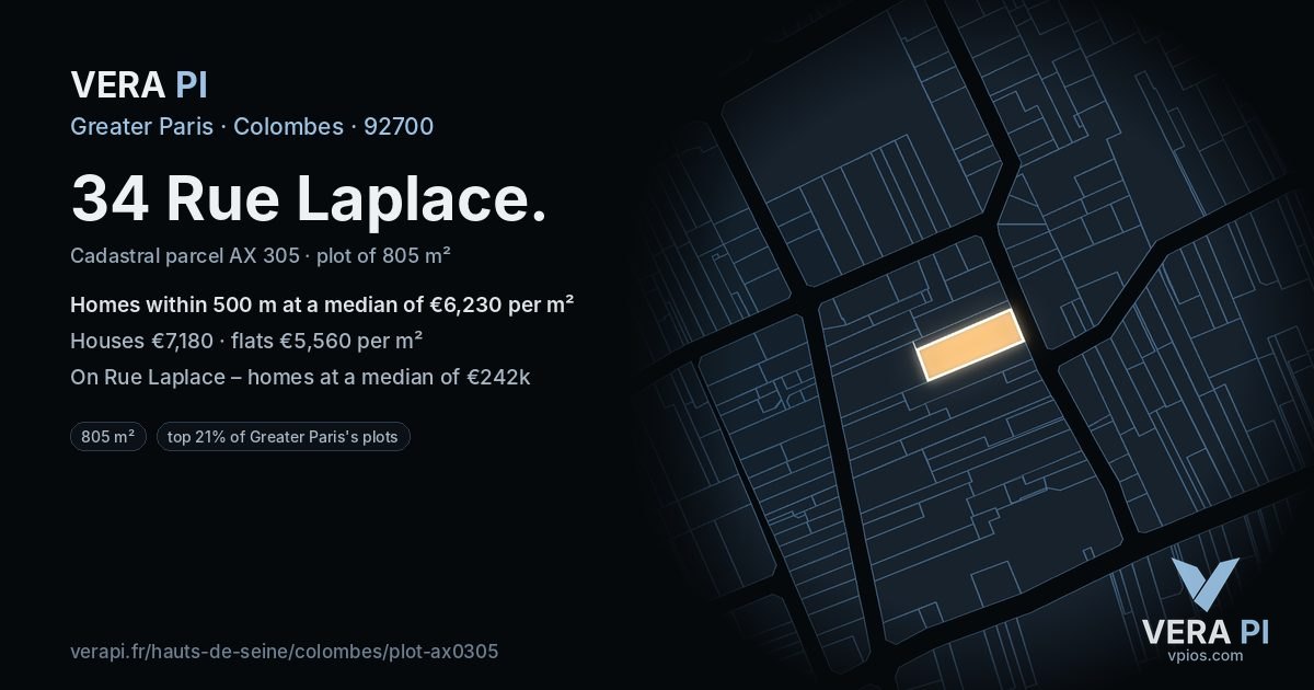 34 Rue Laplace, Colombes at night – the plot lit, the parcels around coloured by the prices near them