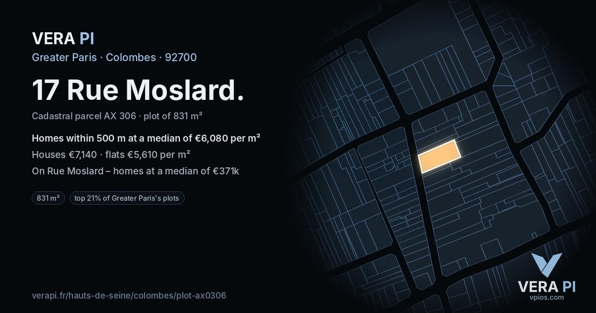 17 Rue Moslard, Colombes at night – the plot lit, the parcels around coloured by the prices near them