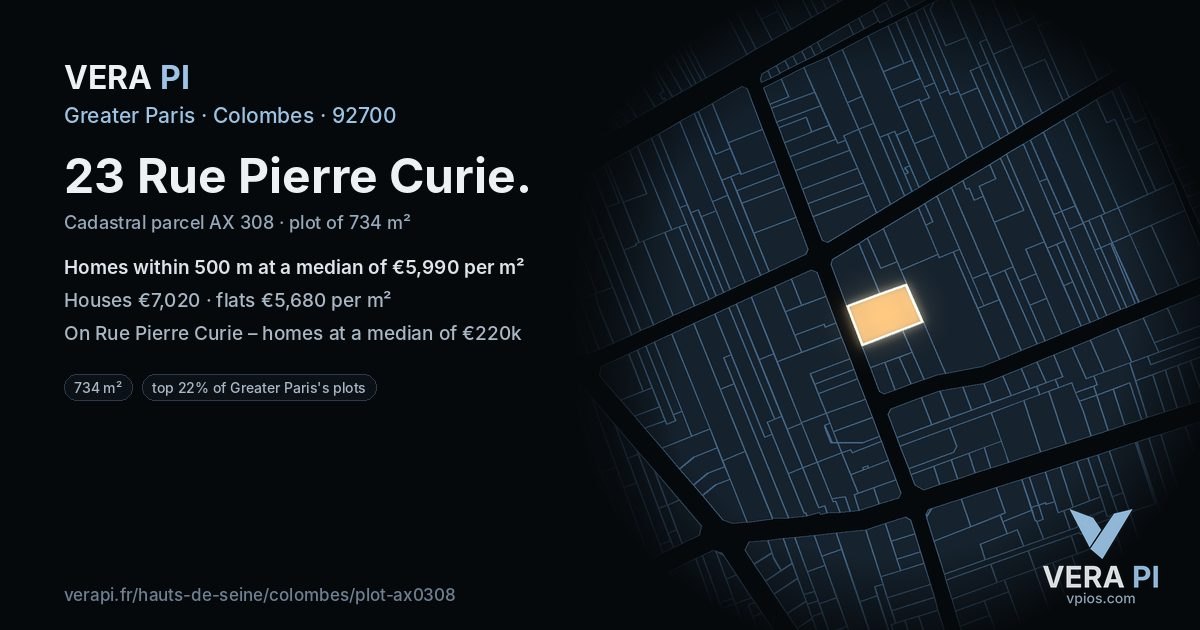 23 Rue Pierre Curie, Colombes at night – the plot lit, the parcels around coloured by the prices near them