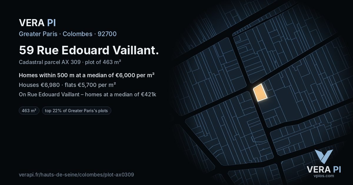 59 Rue Edouard Vaillant, Colombes at night – the plot lit, the parcels around coloured by the prices near them