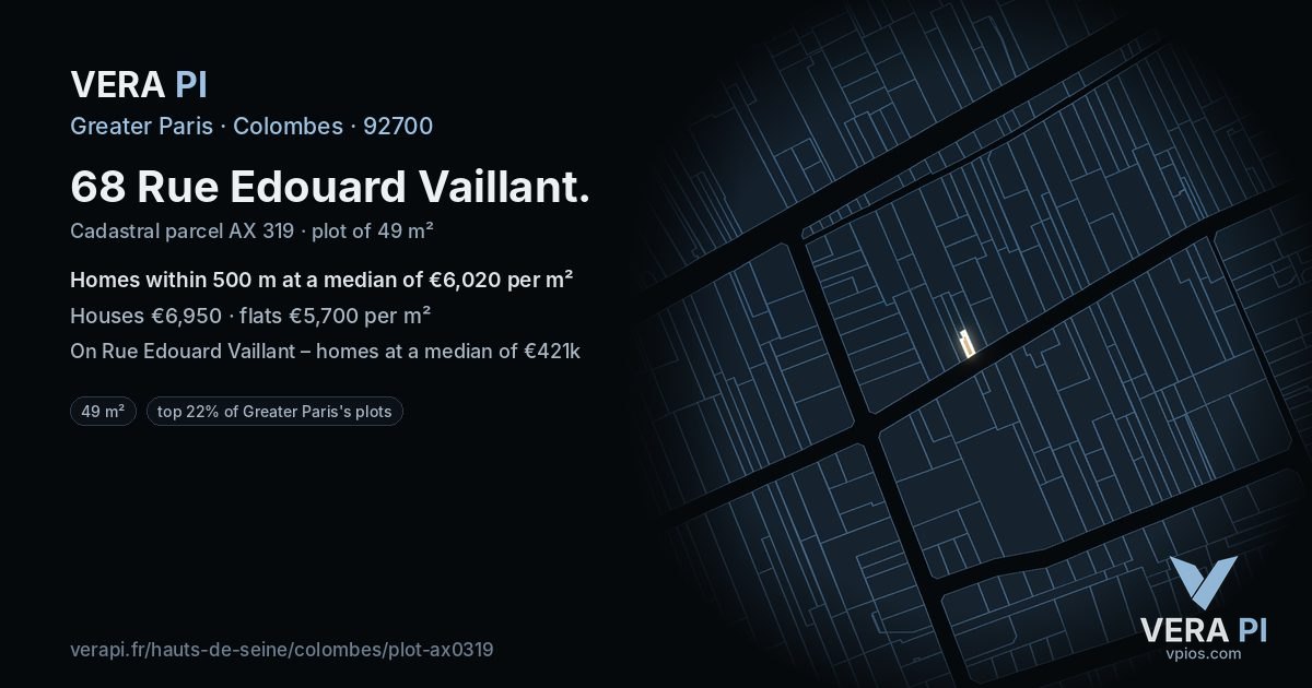 68 Rue Edouard Vaillant, Colombes at night – the plot lit, the parcels around coloured by the prices near them