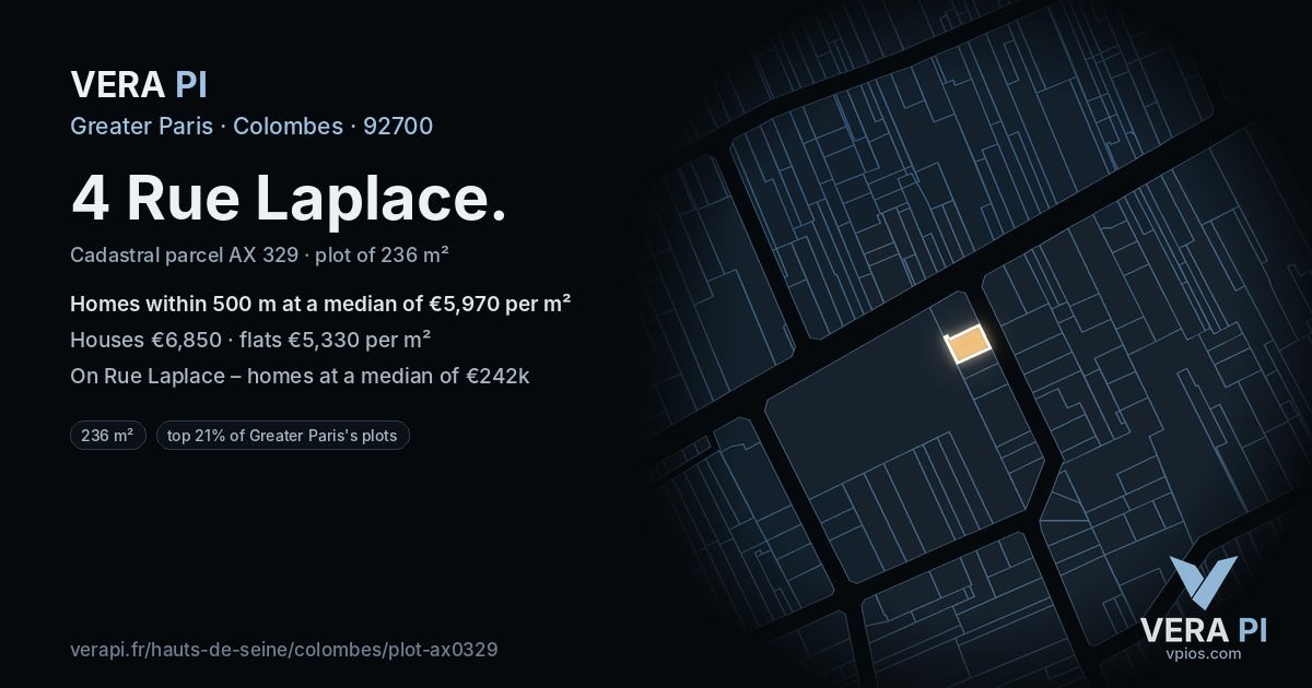 4 Rue Laplace, Colombes at night – the plot lit, the parcels around coloured by the prices near them