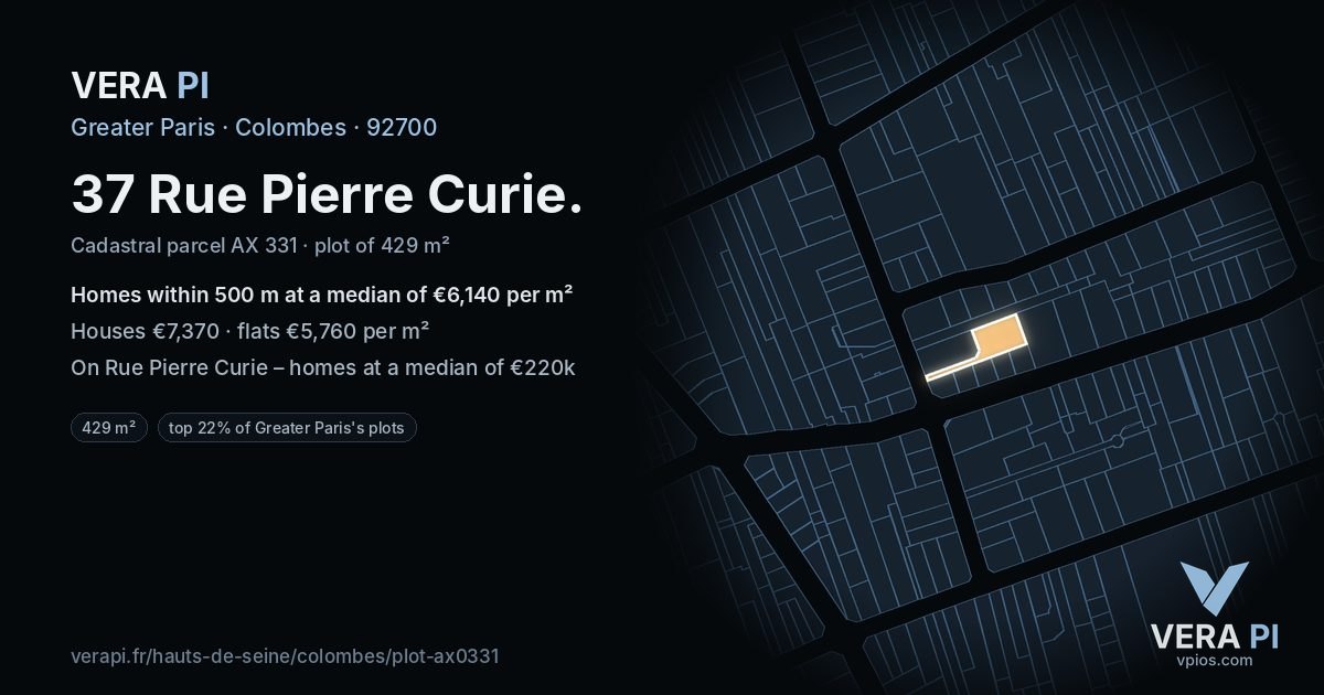 37 Rue Pierre Curie, Colombes at night – the plot lit, the parcels around coloured by the prices near them