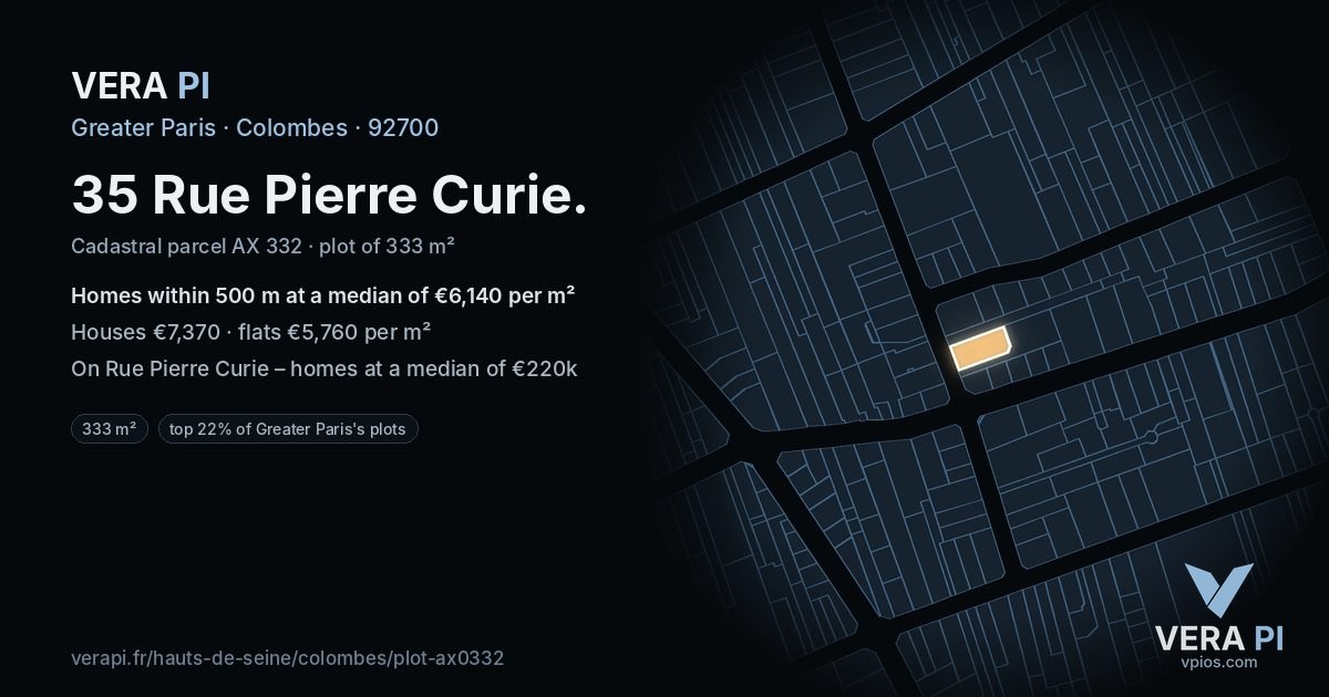 35 Rue Pierre Curie, Colombes at night – the plot lit, the parcels around coloured by the prices near them