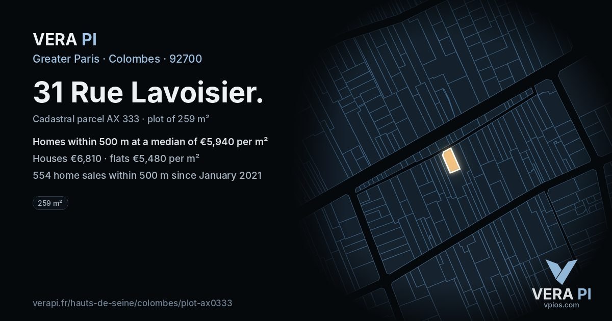 31 Rue Lavoisier, Colombes at night – the plot lit, the parcels around coloured by the prices near them