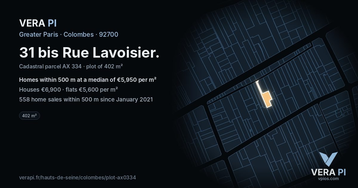 31 bis Rue Lavoisier, Colombes at night – the plot lit, the parcels around coloured by the prices near them