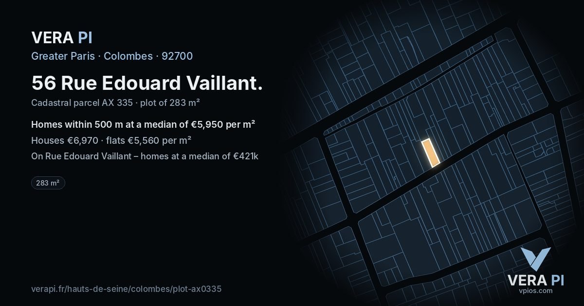 56 Rue Edouard Vaillant, Colombes at night – the plot lit, the parcels around coloured by the prices near them