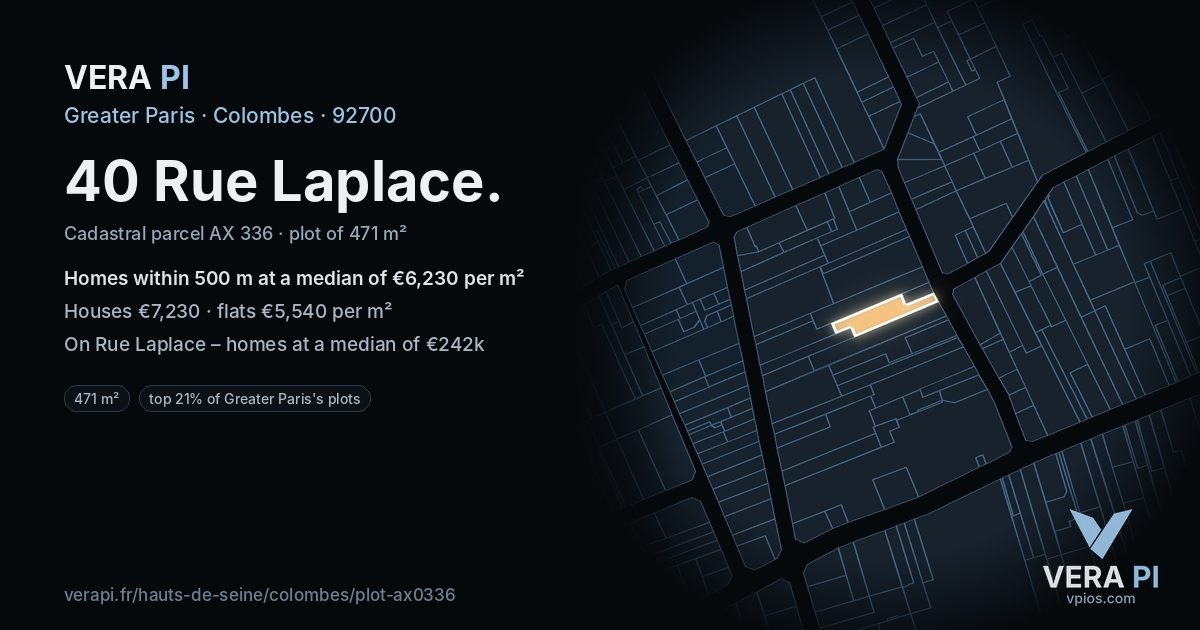 40 Rue Laplace, Colombes at night – the plot lit, the parcels around coloured by the prices near them