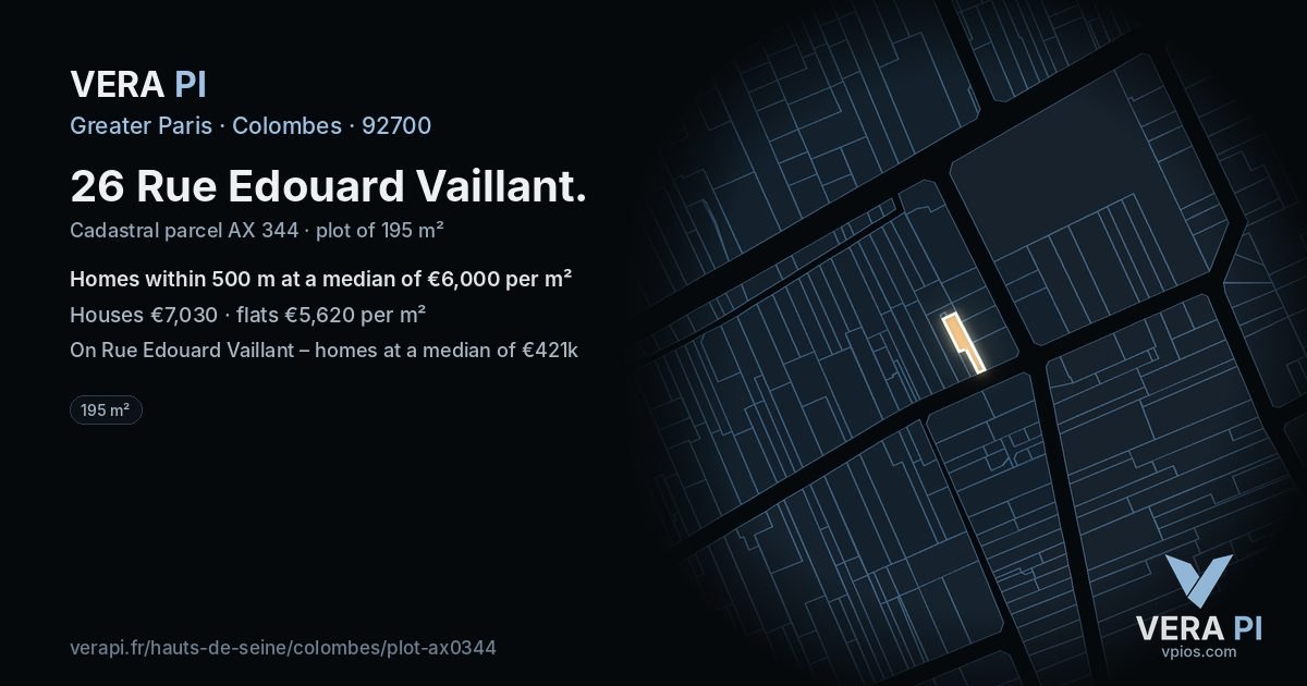 26 Rue Edouard Vaillant, Colombes at night – the plot lit, the parcels around coloured by the prices near them
