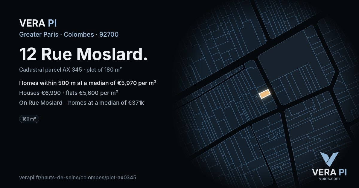 12 Rue Moslard, Colombes at night – the plot lit, the parcels around coloured by the prices near them