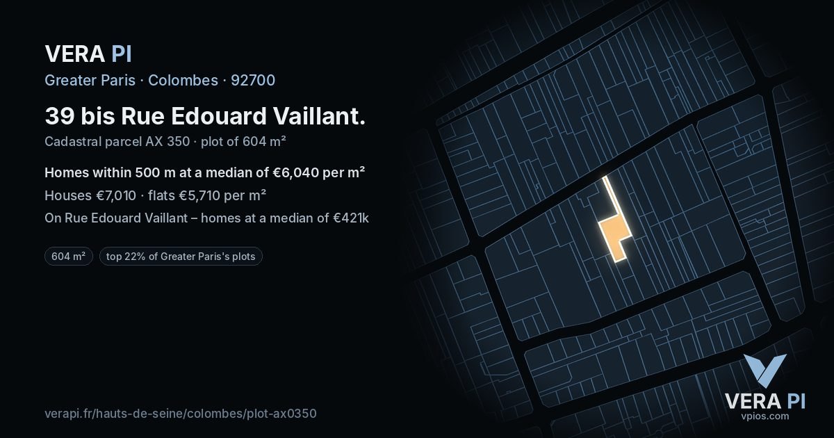 39 bis Rue Edouard Vaillant, Colombes at night – the plot lit, the parcels around coloured by the prices near them