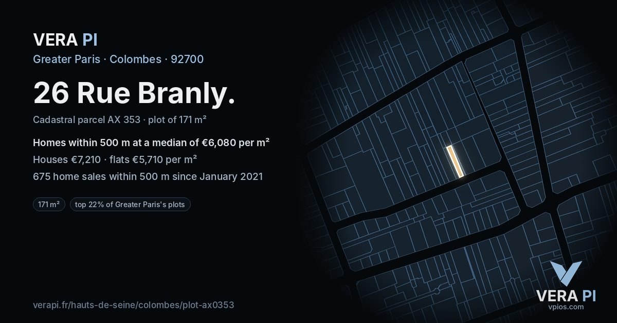 26 Rue Branly, Colombes at night – the plot lit, the parcels around coloured by the prices near them