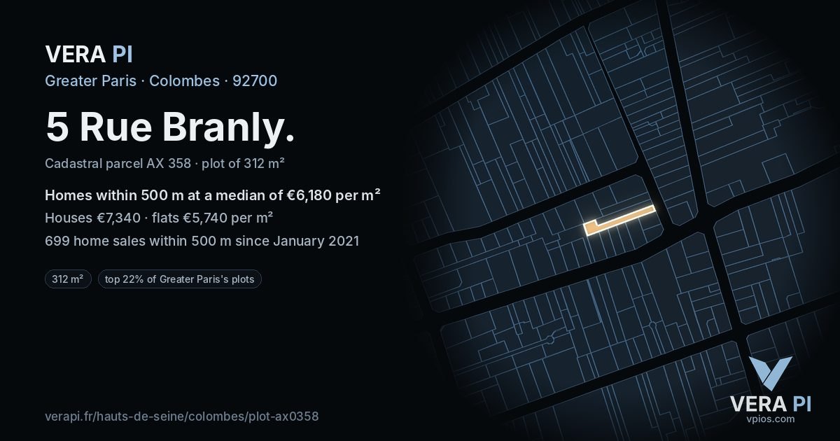 5 Rue Branly, Colombes at night – the plot lit, the parcels around coloured by the prices near them