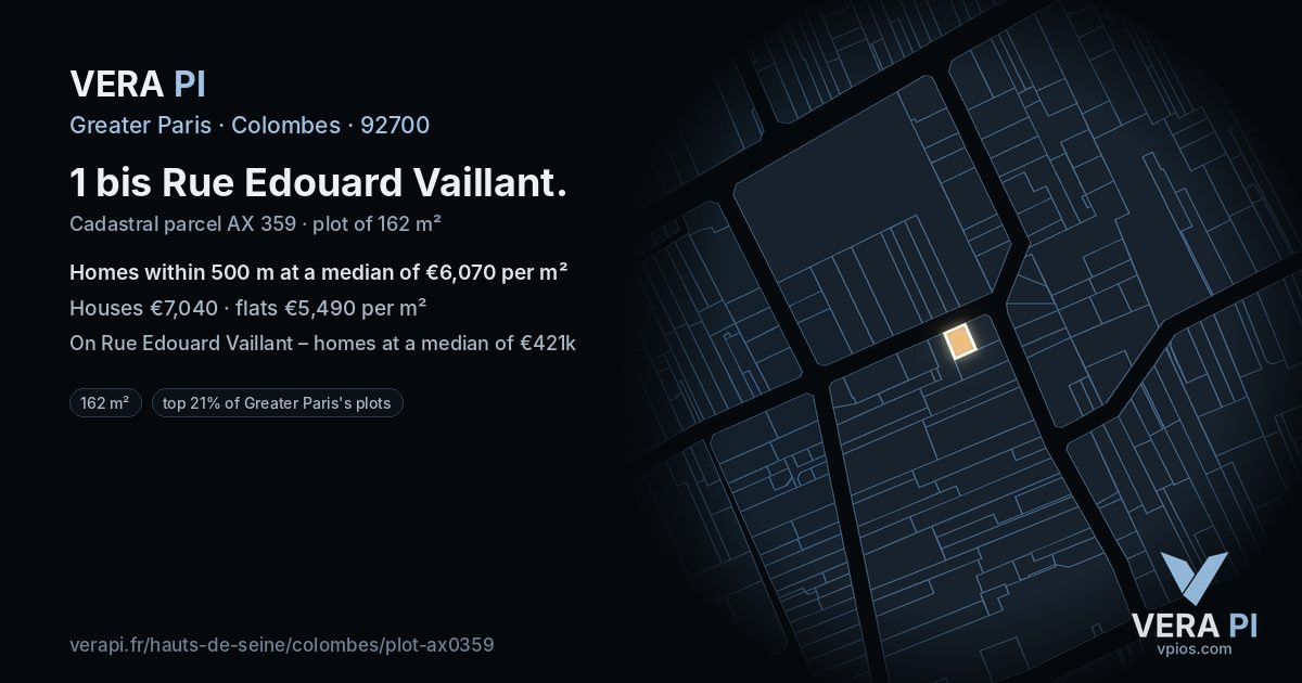 1 bis Rue Edouard Vaillant, Colombes at night – the plot lit, the parcels around coloured by the prices near them