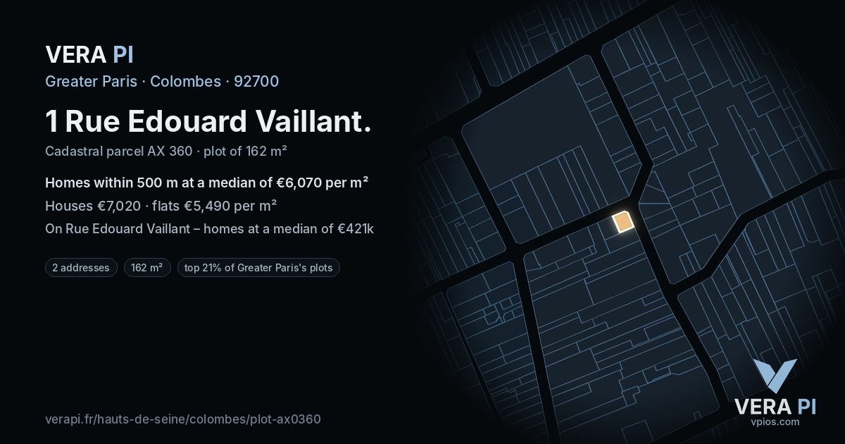 1 Rue Edouard Vaillant, Colombes at night – the plot lit, the parcels around coloured by the prices near them