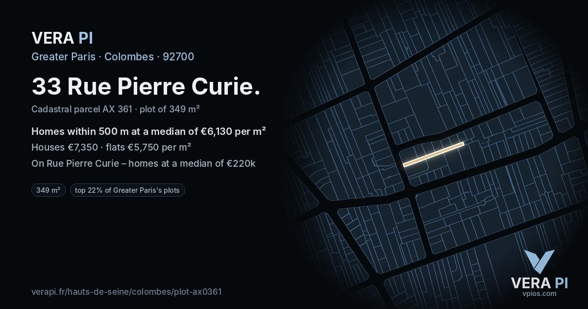33 Rue Pierre Curie, Colombes at night – the plot lit, the parcels around coloured by the prices near them
