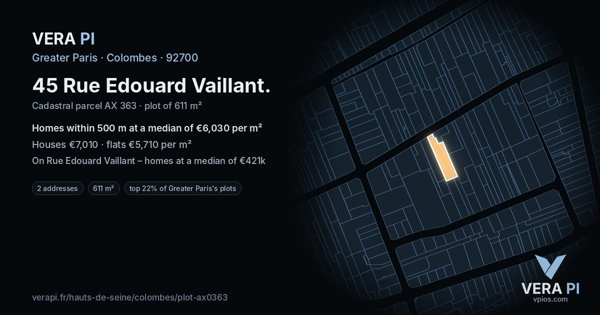 45 Rue Edouard Vaillant, Colombes at night – the plot lit, the parcels around coloured by the prices near them