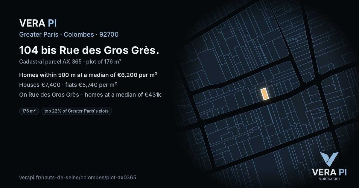 104 bis Rue des Gros Grès, Colombes at night – the plot lit, the parcels around coloured by the prices near them