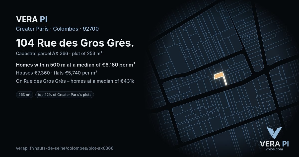 104 Rue des Gros Grès, Colombes at night – the plot lit, the parcels around coloured by the prices near them