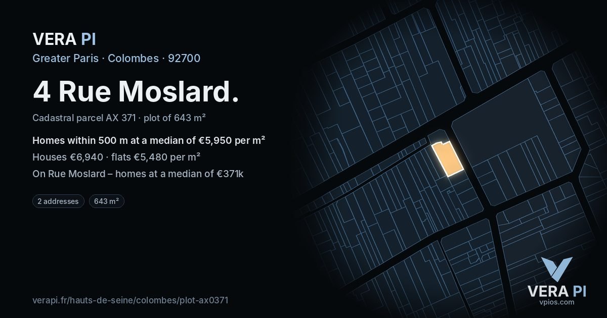 4 Rue Moslard, Colombes at night – the plot lit, the parcels around coloured by the prices near them