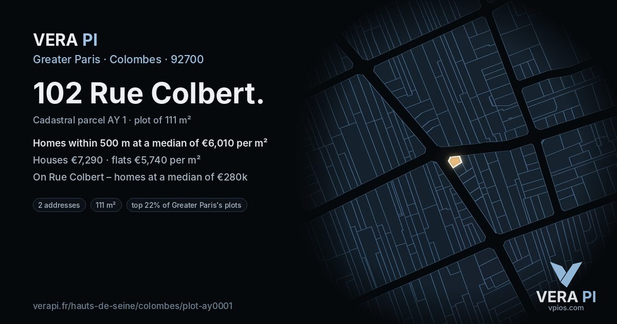102 Rue Colbert, Colombes at night – the plot lit, the parcels around coloured by the prices near them