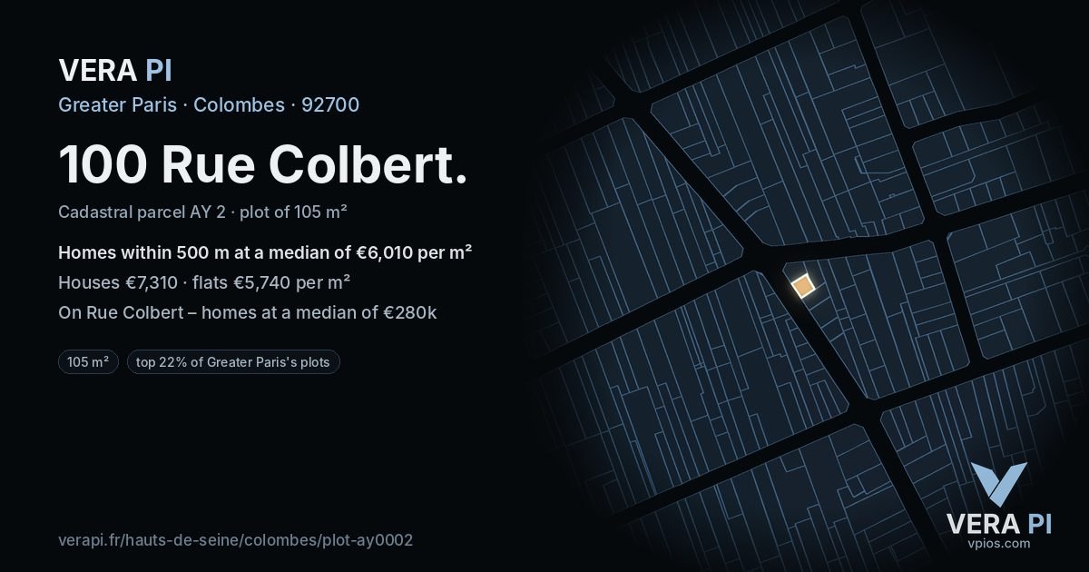 100 Rue Colbert, Colombes at night – the plot lit, the parcels around coloured by the prices near them