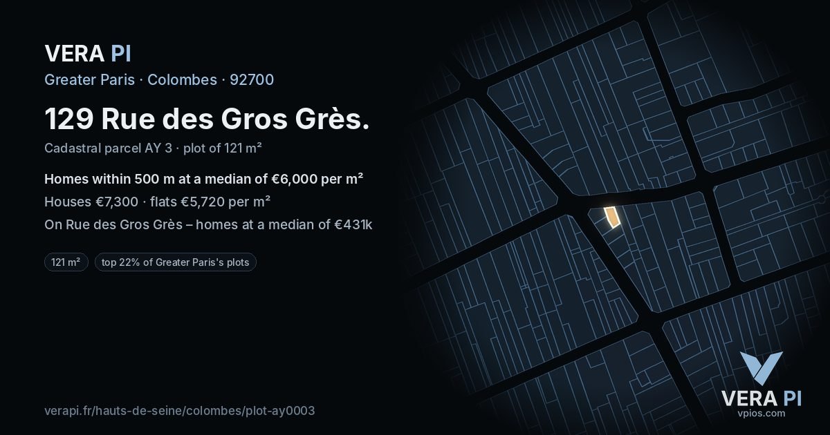 129 Rue des Gros Grès, Colombes at night – the plot lit, the parcels around coloured by the prices near them