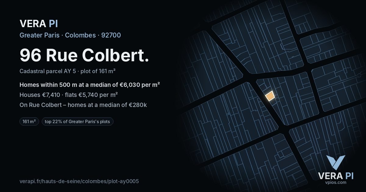 96 Rue Colbert, Colombes at night – the plot lit, the parcels around coloured by the prices near them