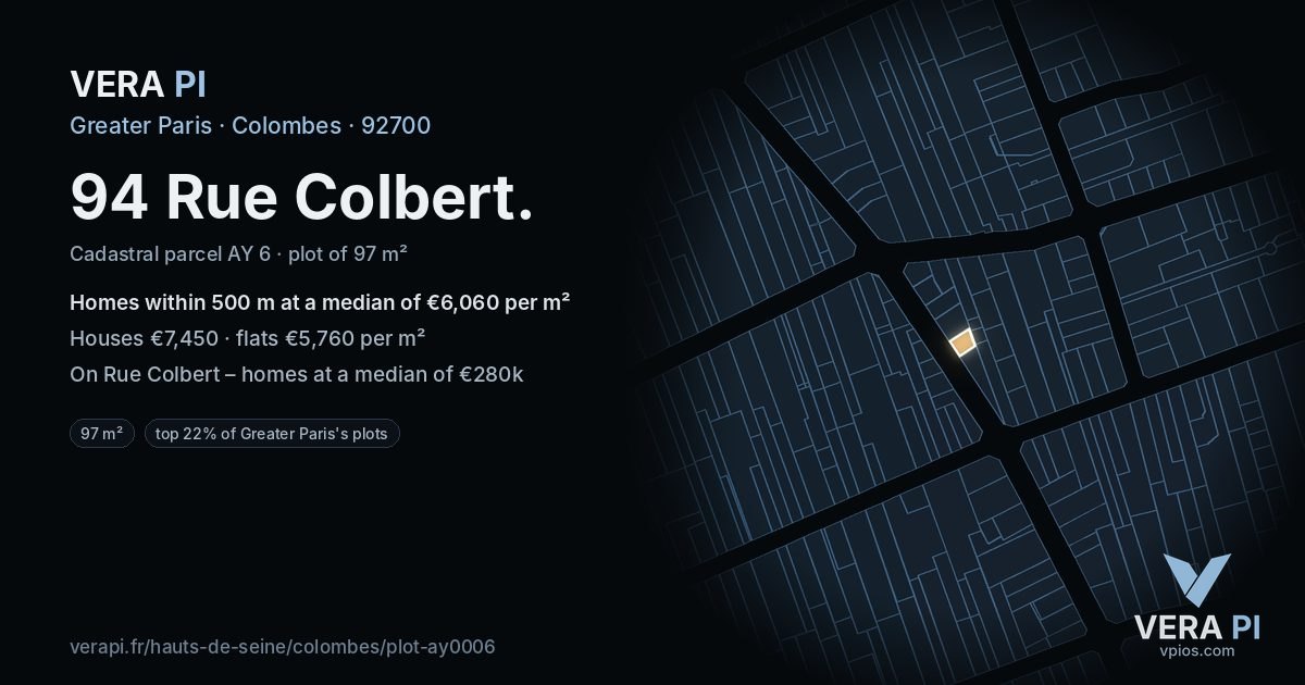 94 Rue Colbert, Colombes at night – the plot lit, the parcels around coloured by the prices near them