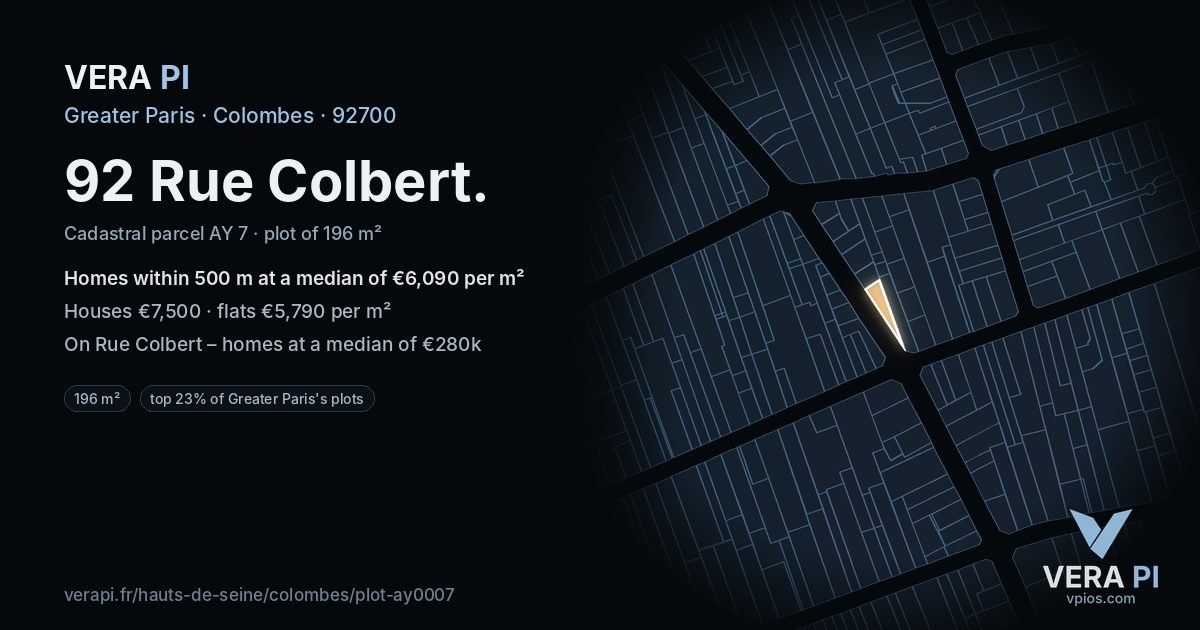 92 Rue Colbert, Colombes at night – the plot lit, the parcels around coloured by the prices near them