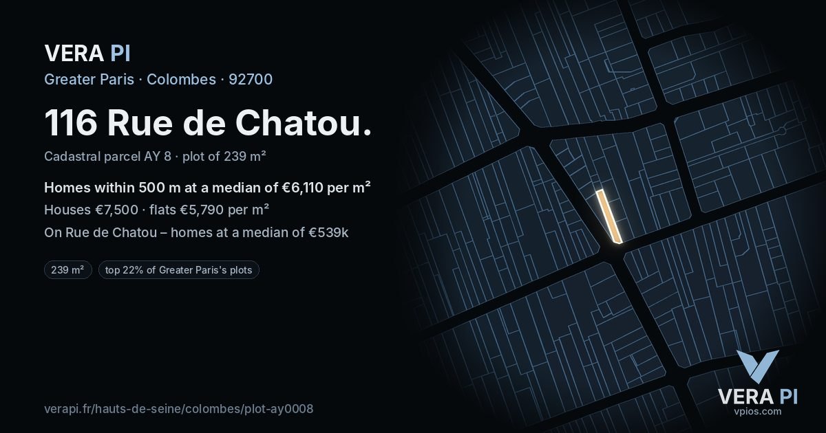 116 Rue de Chatou, Colombes at night – the plot lit, the parcels around coloured by the prices near them