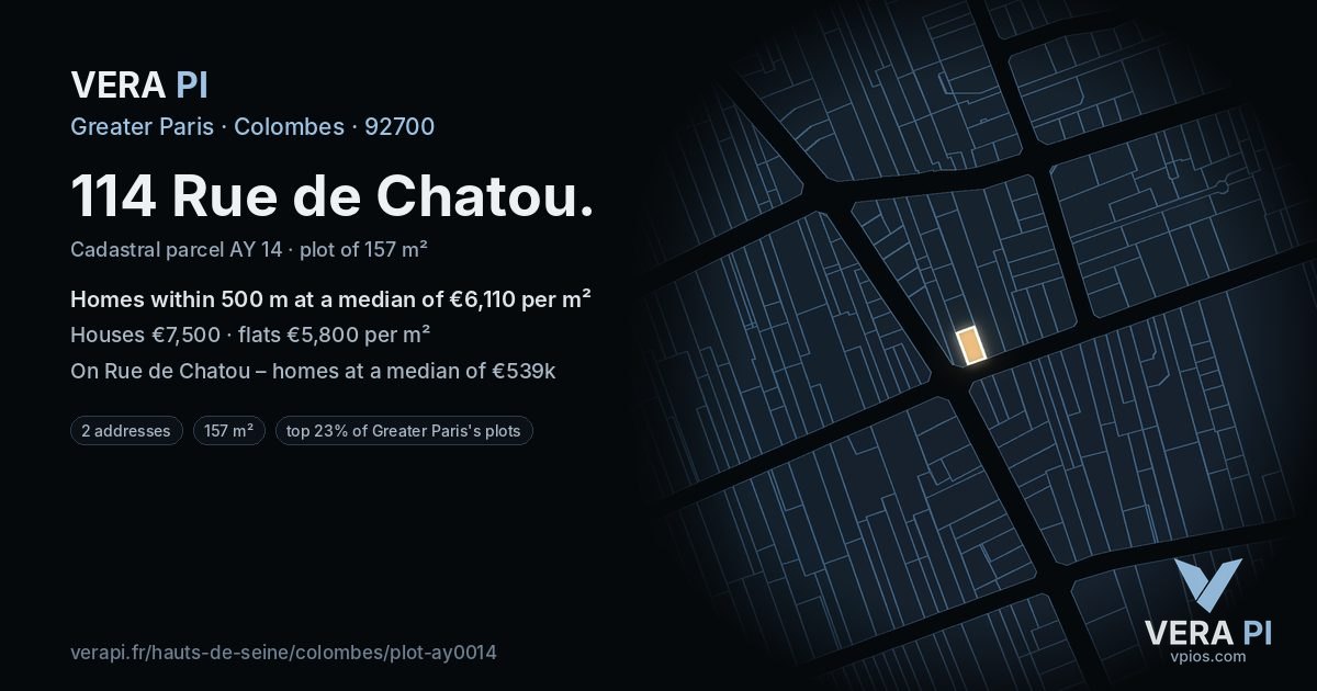 114 Rue de Chatou, Colombes at night – the plot lit, the parcels around coloured by the prices near them