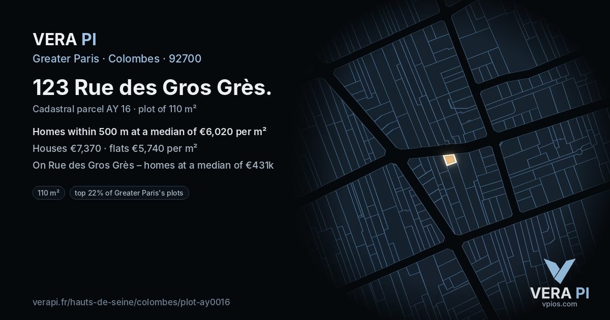 123 Rue des Gros Grès, Colombes at night – the plot lit, the parcels around coloured by the prices near them
