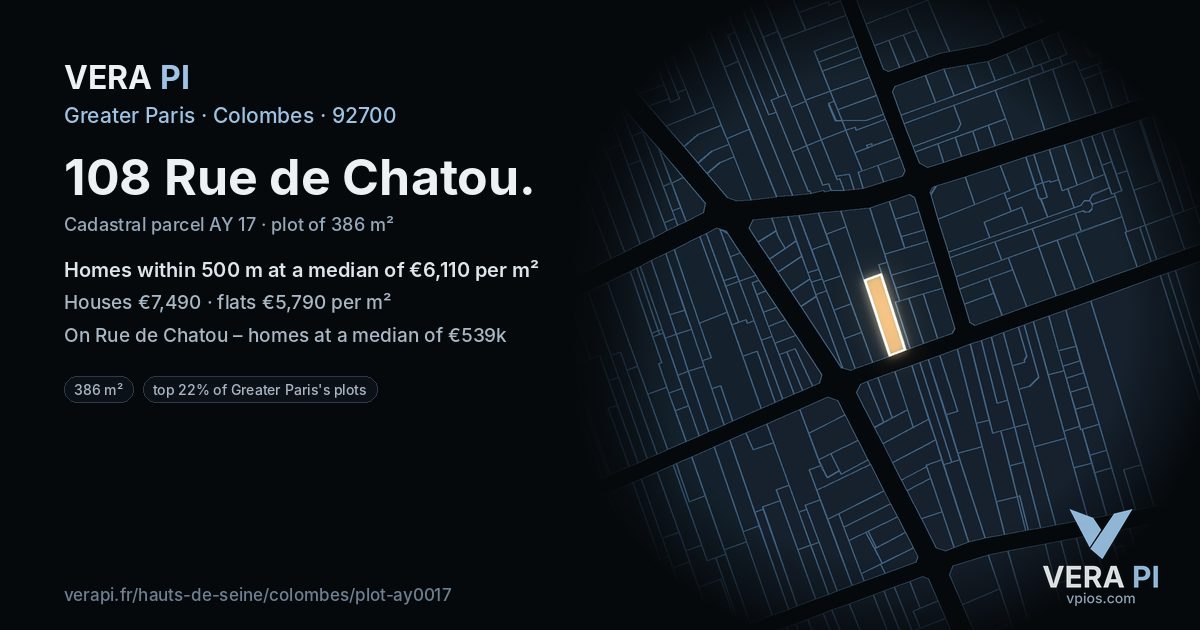 108 Rue de Chatou, Colombes at night – the plot lit, the parcels around coloured by the prices near them