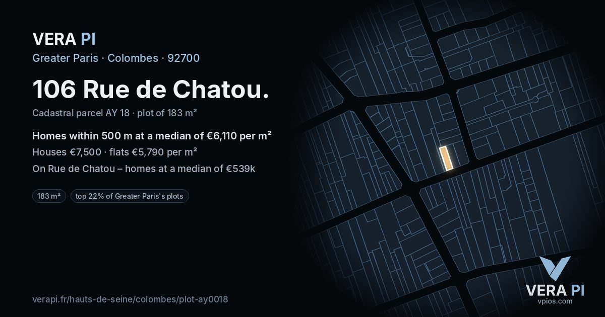 106 Rue de Chatou, Colombes at night – the plot lit, the parcels around coloured by the prices near them