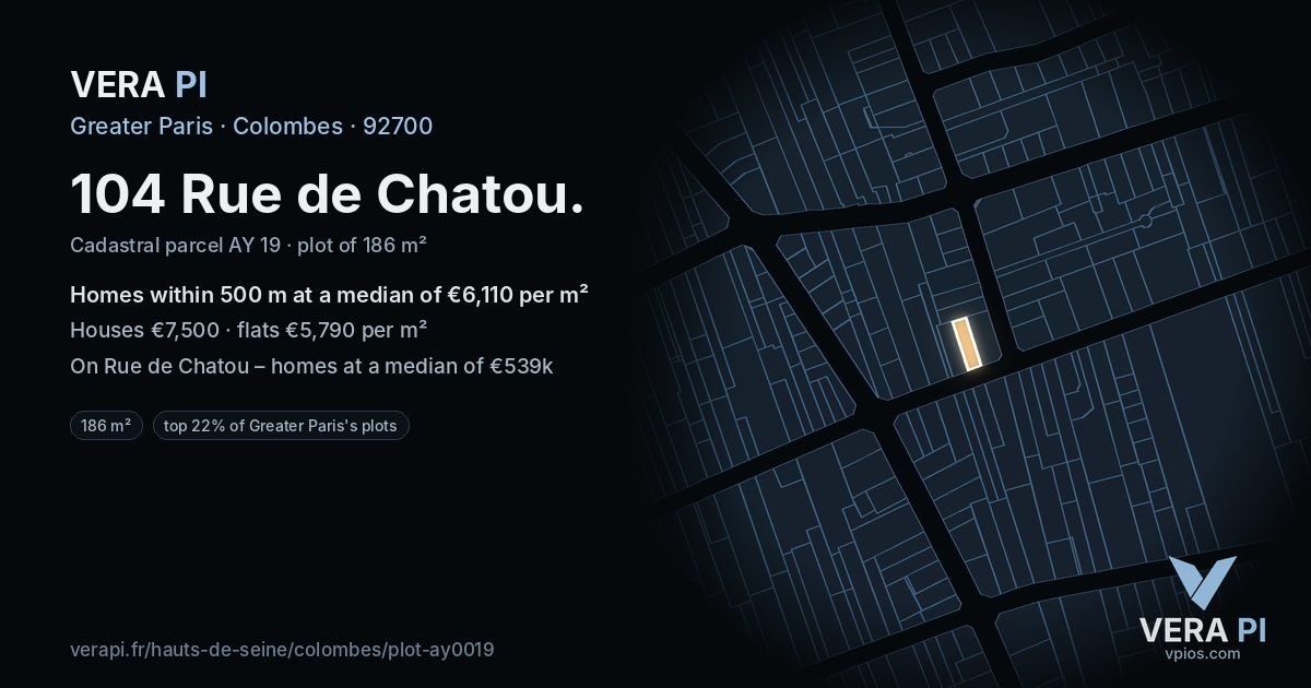 104 Rue de Chatou, Colombes at night – the plot lit, the parcels around coloured by the prices near them