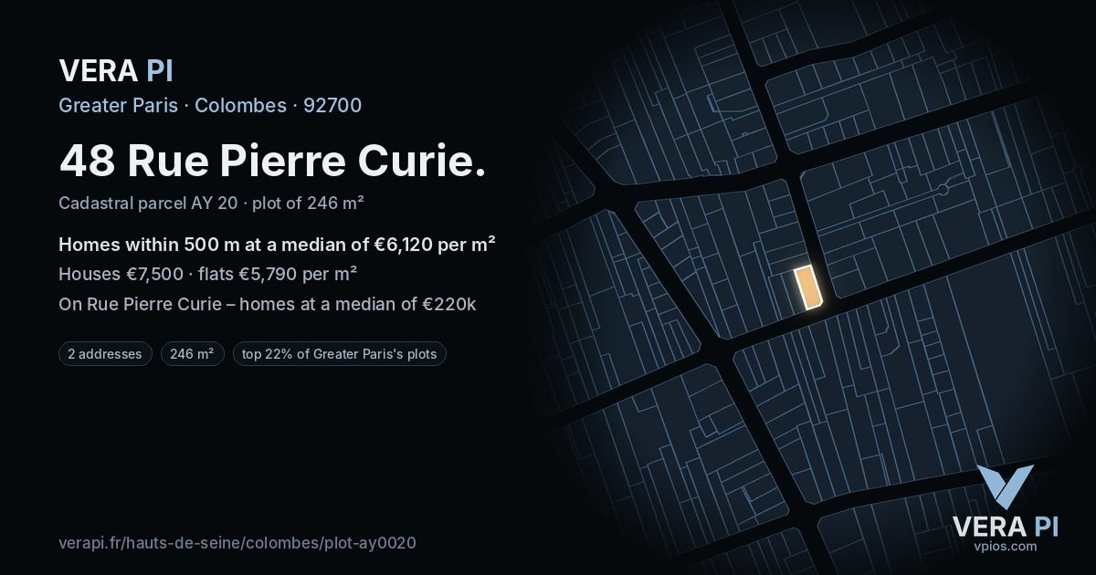 48 Rue Pierre Curie, Colombes at night – the plot lit, the parcels around coloured by the prices near them