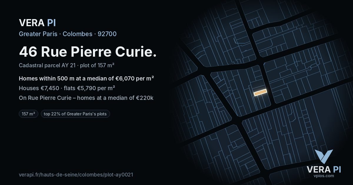 46 Rue Pierre Curie, Colombes at night – the plot lit, the parcels around coloured by the prices near them