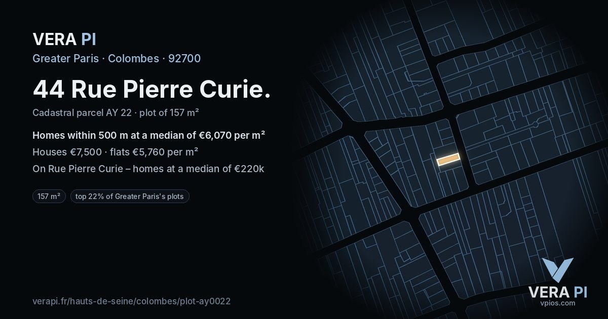 44 Rue Pierre Curie, Colombes at night – the plot lit, the parcels around coloured by the prices near them