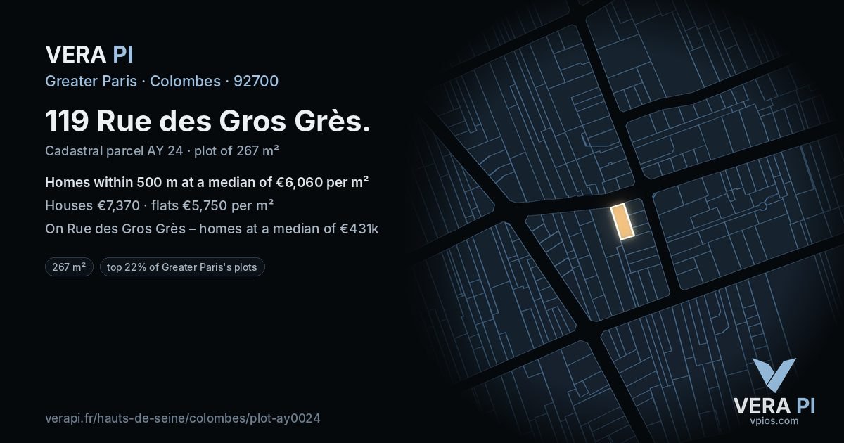 119 Rue des Gros Grès, Colombes at night – the plot lit, the parcels around coloured by the prices near them